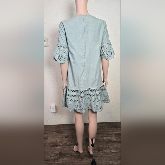 Madewell Eyelet Drop Waist Mini Dress 100% Cotton in Sage Green Size Small - Picture 6 of 11